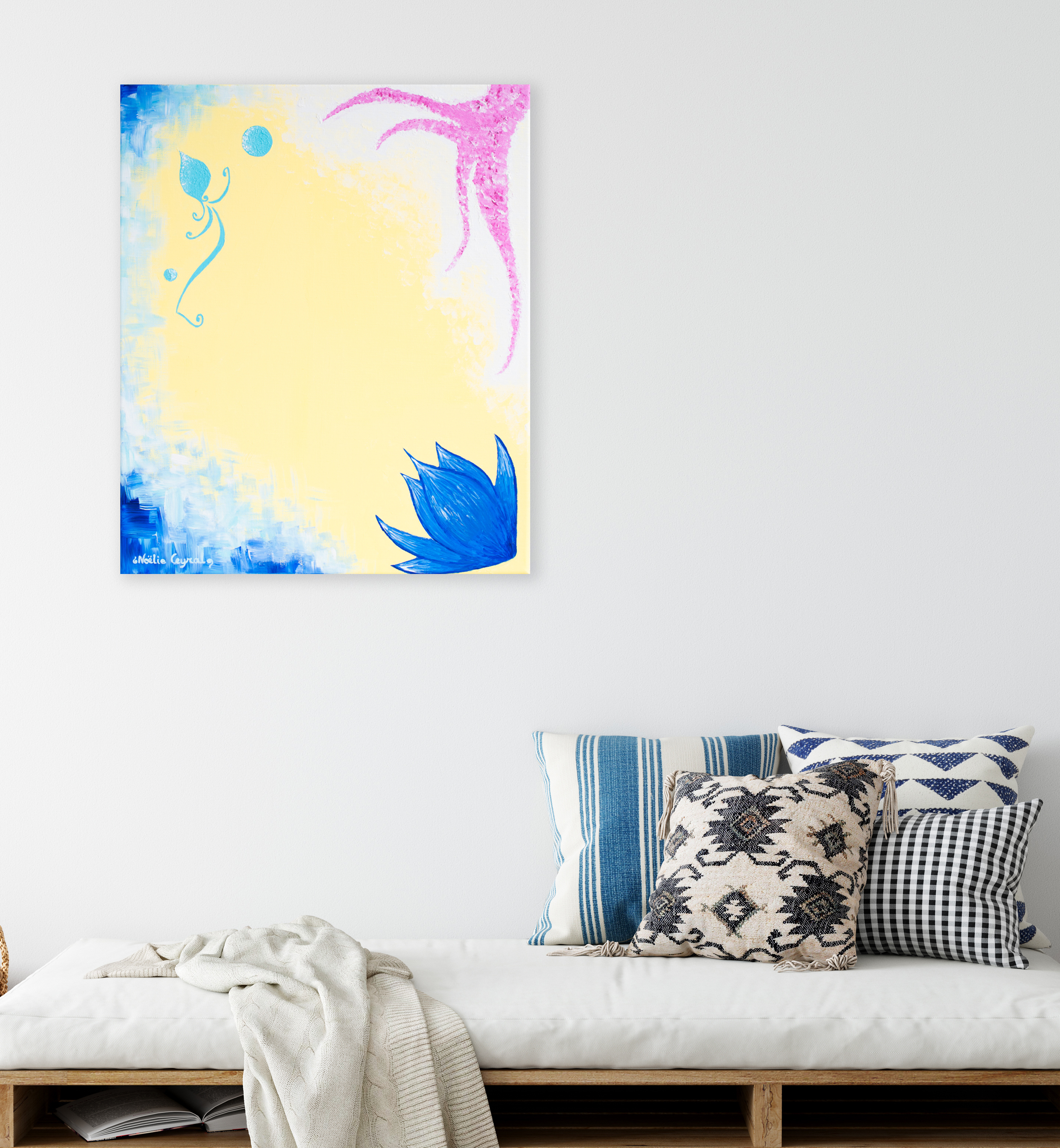 come_come_i_have_something_fun_to_show_you_by_contemporary_artist_and_painter_noelie_ceyral_low_sofa_with_blue_cushions
