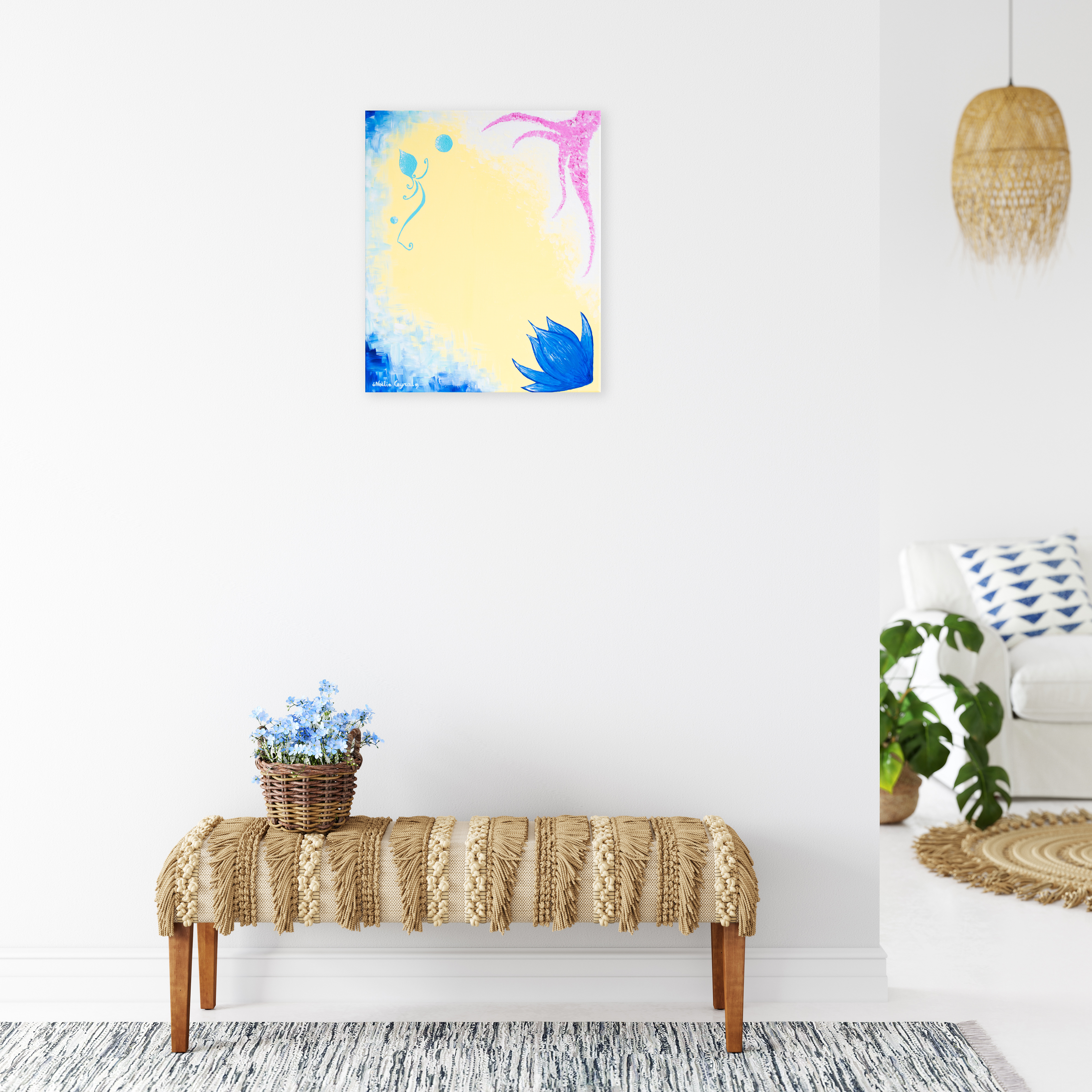come_come_i_have_something_fun_to_show_you_by_contemporary_artist_and_painter_noelie_ceyral_with_little_bench_and_blue_flowers