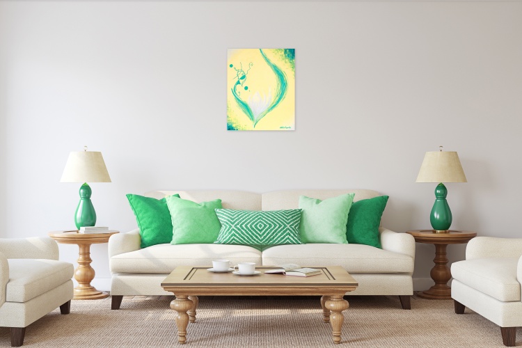 cocoon_of_love_download_of_pure_love_frequencies_by_contemporary_artist_and_painter_noelie_ceyral_with_white_sofa_green_cushions_original_artwork