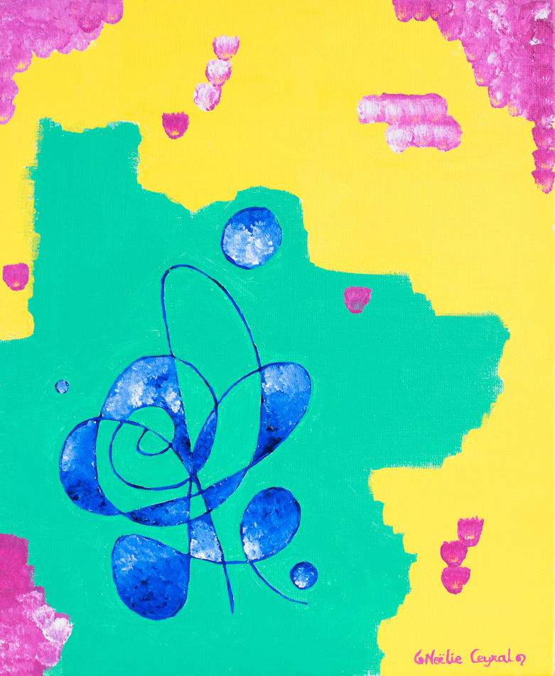 green yellow pink and blue abstract painting by Noelie Ceyral