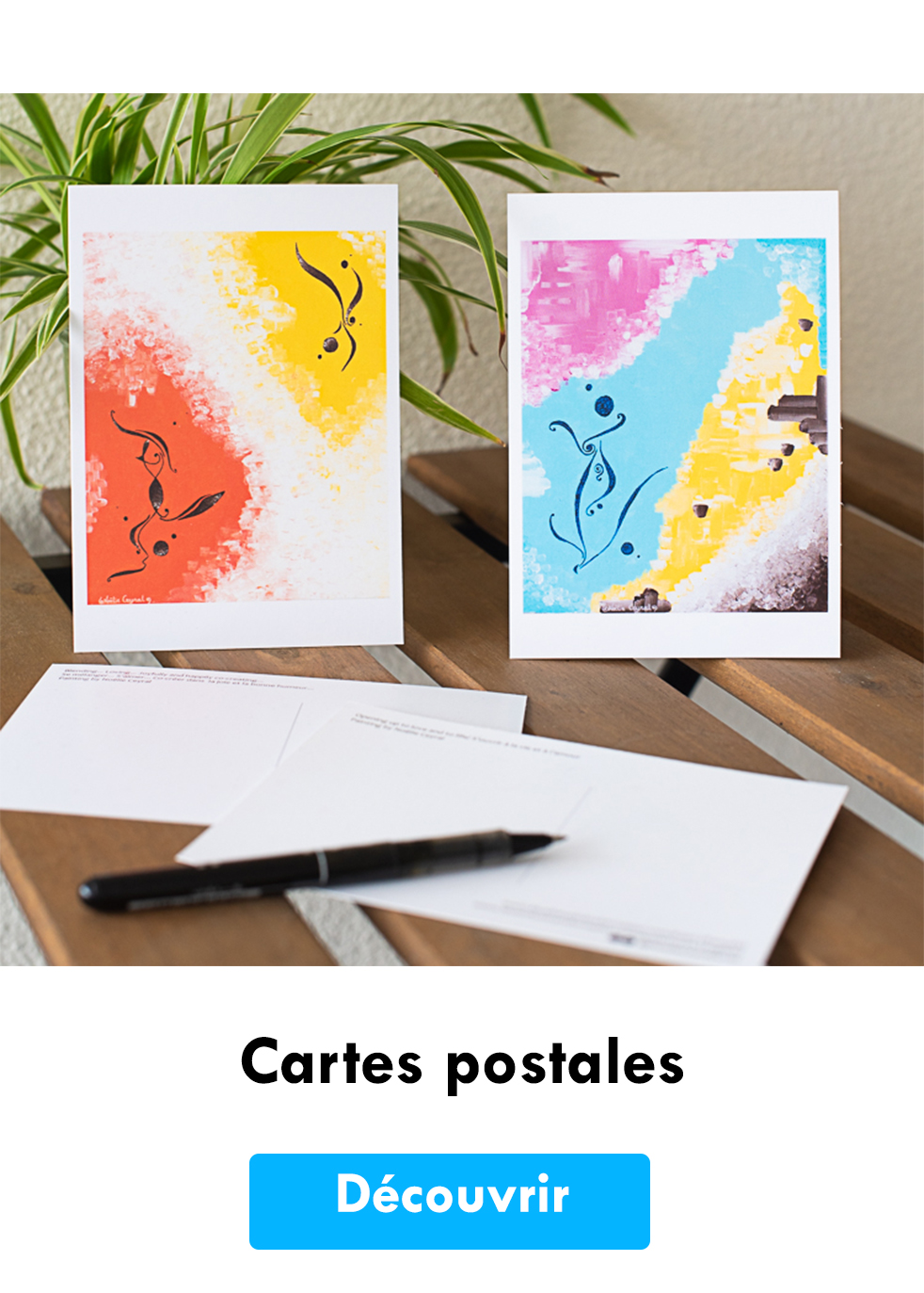 Cartes postales de l'artiste Noëlie Ceyral. Art coloré et abstrait avec une touche zen.